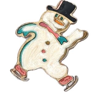 Vintage  Snowman on Ice Skates Enamel Pin Brooch Christmas Winter